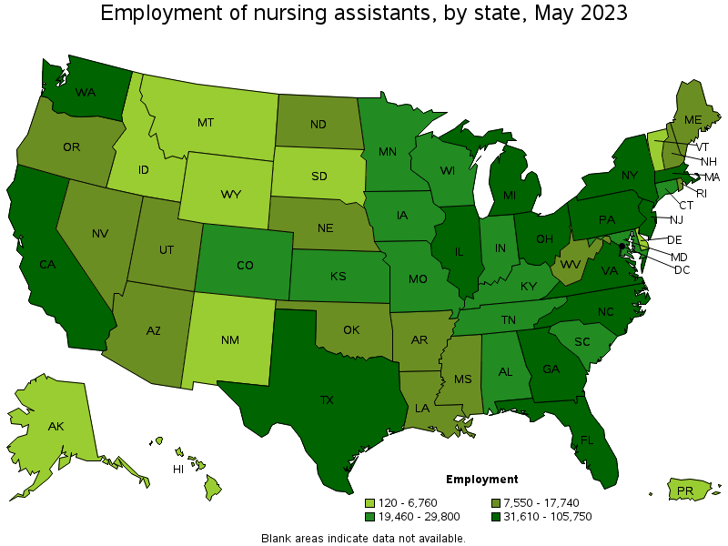 Map of employment of nursing assistants by state, May 2021