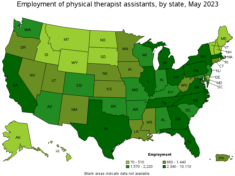 Map of employment of physical therapist assistants by state, May 2021