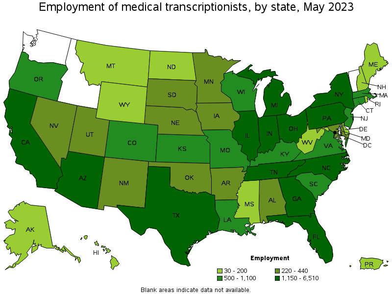 Map of employment of medical transcriptionists by state, May 2021