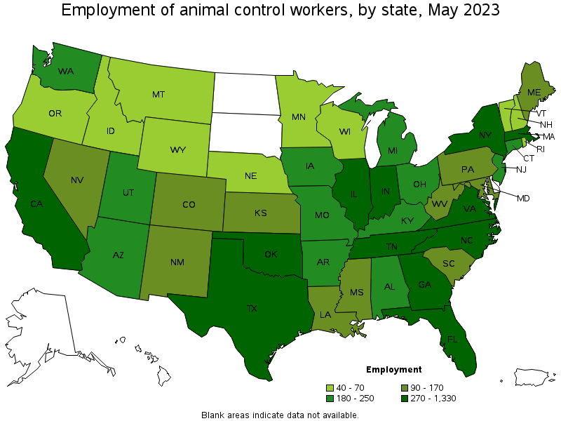 Map of employment of animal control workers by state, May 2021