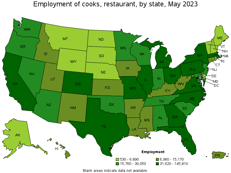 Map of employment of cooks, restaurant by state, May 2022