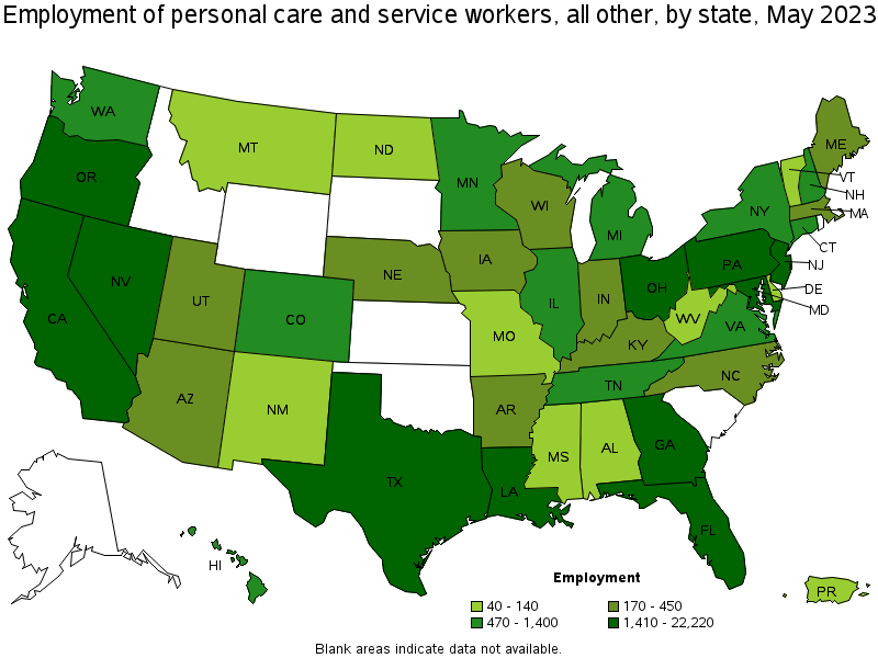 Map of employment of personal care and service workers, all other by state, May 2021