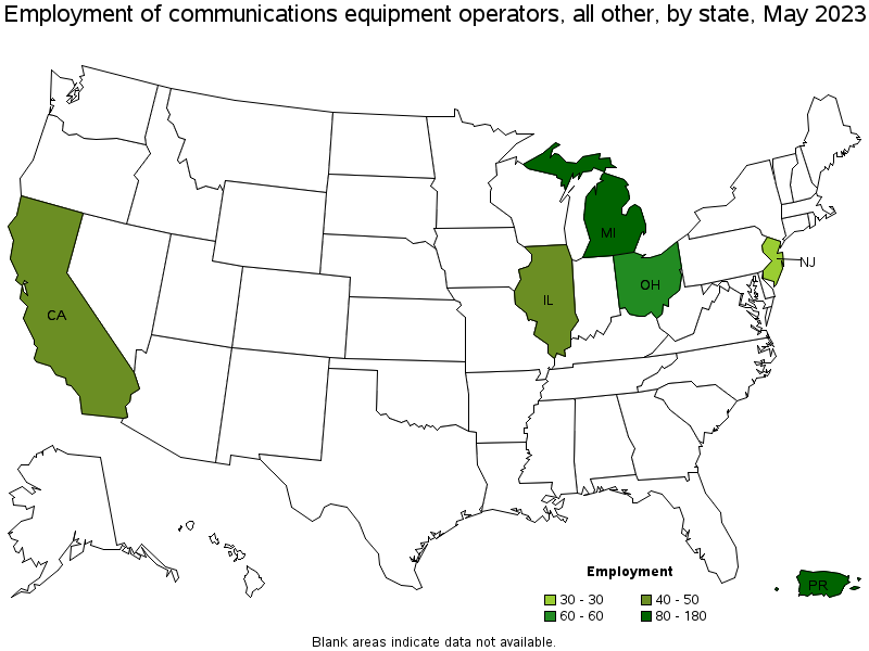 Map of employment of communications equipment operators, all other by state, May 2022