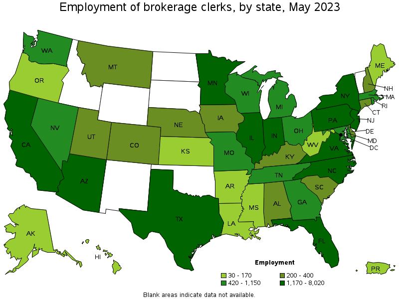 Map of employment of brokerage clerks by state, May 2021