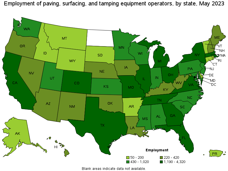 Map of employment of paving, surfacing, and tamping equipment operators by state, May 2021