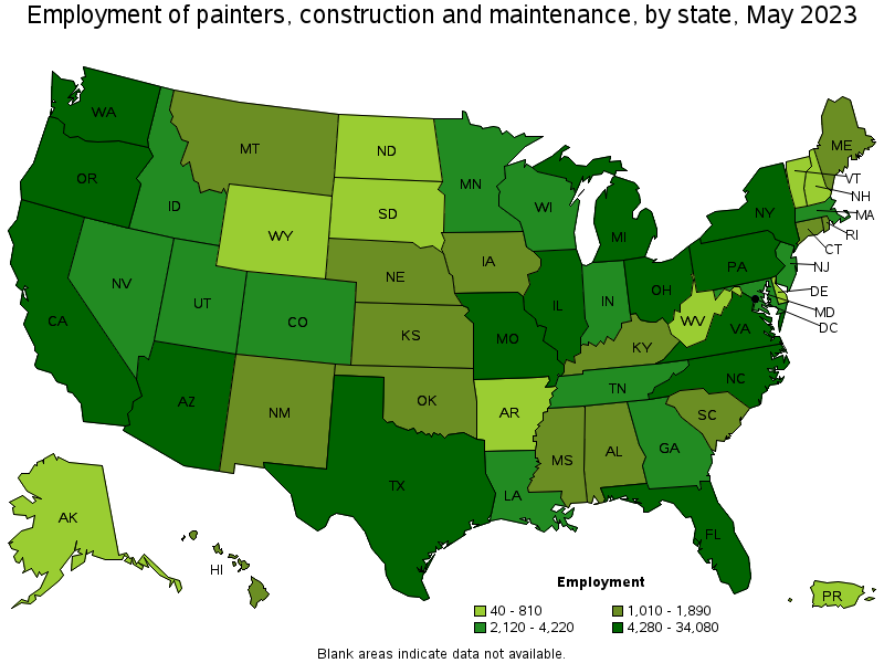 Map of employment of painters, construction and maintenance by state, May 2022