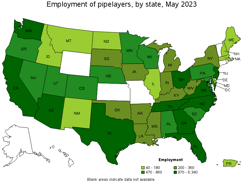 Map of employment of pipelayers by state, May 2021