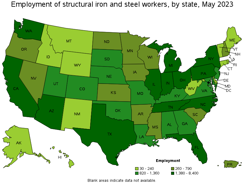 Map of employment of structural iron and steel workers by state, May 2021
