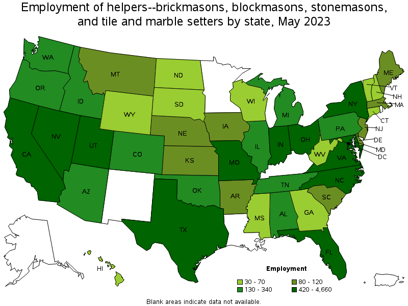 Map of employment of helpers--brickmasons, blockmasons, stonemasons, and tile and marble setters by state, May 2021