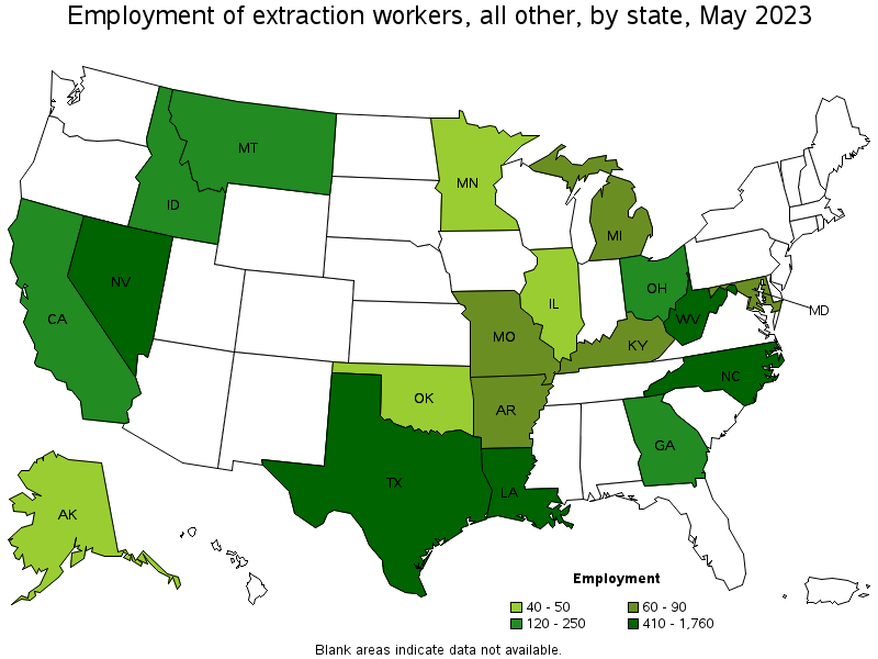 Map of employment of extraction workers, all other by state, May 2022