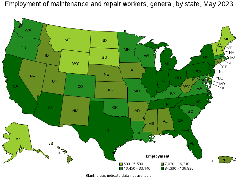 Map of employment of maintenance and repair workers, general by state, May 2022