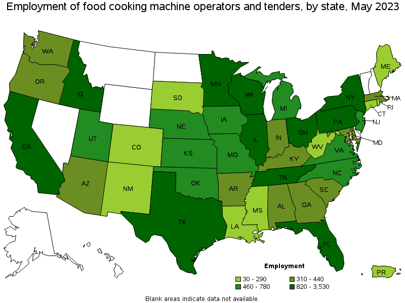Map of employment of food cooking machine operators and tenders by state, May 2021