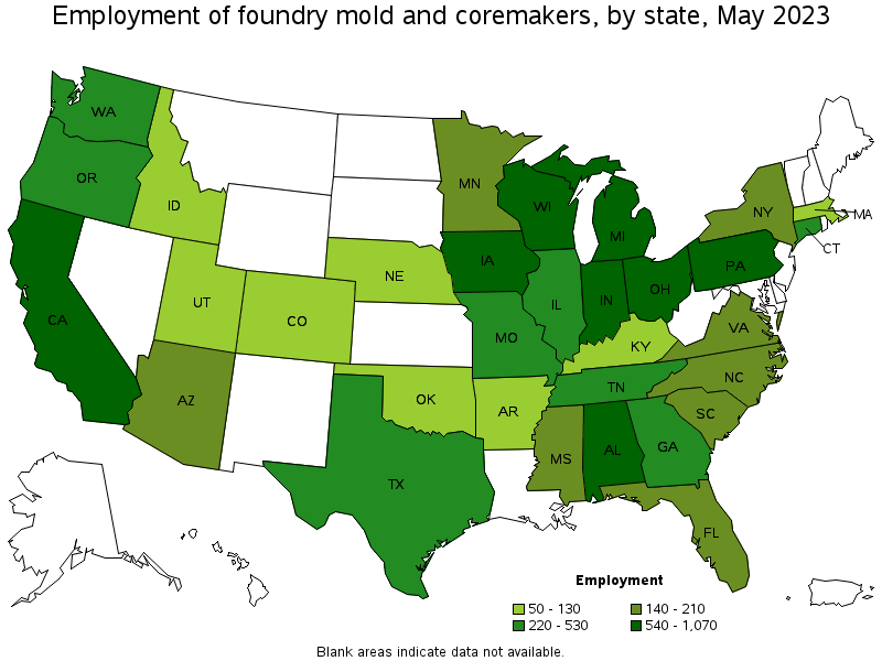 Map of employment of foundry mold and coremakers by state, May 2021
