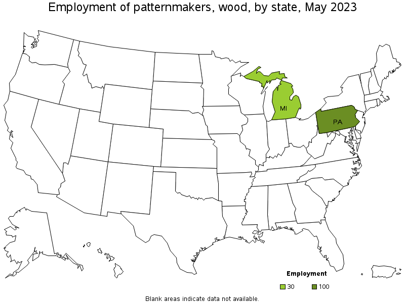 Map of employment of patternmakers, wood by state, May 2022