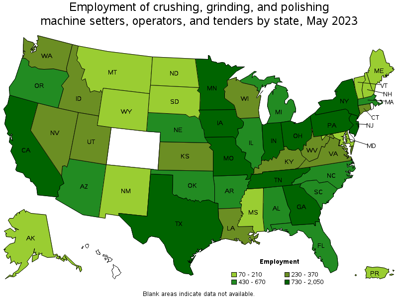 Map of employment of crushing, grinding, and polishing machine setters, operators, and tenders by state, May 2021