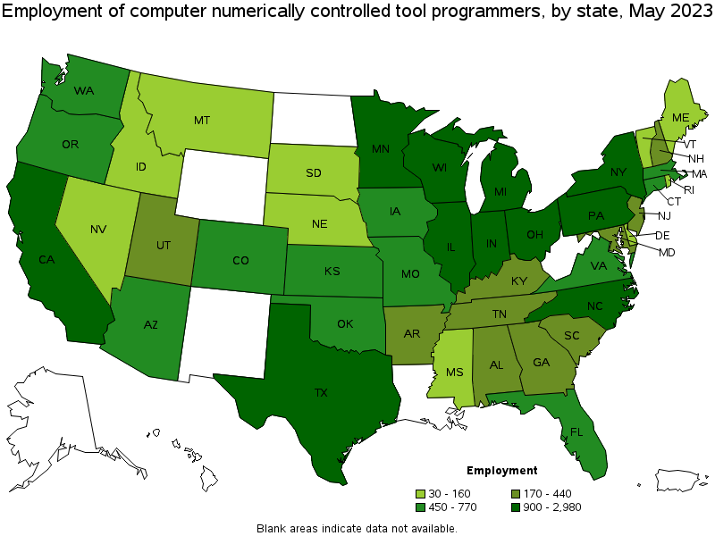 Map of employment of computer numerically controlled tool programmers by state, May 2022