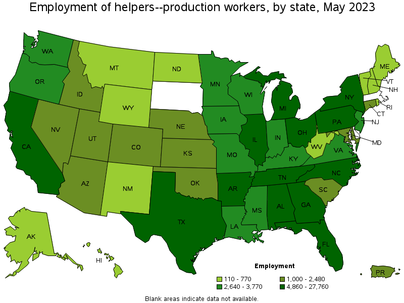 Map of employment of helpers--production workers by state, May 2021