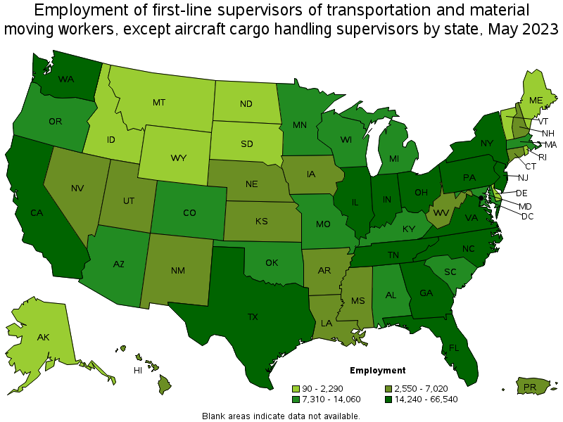 Map of employment of first-line supervisors of transportation and material moving workers, except aircraft cargo handling supervisors by state, May 2022