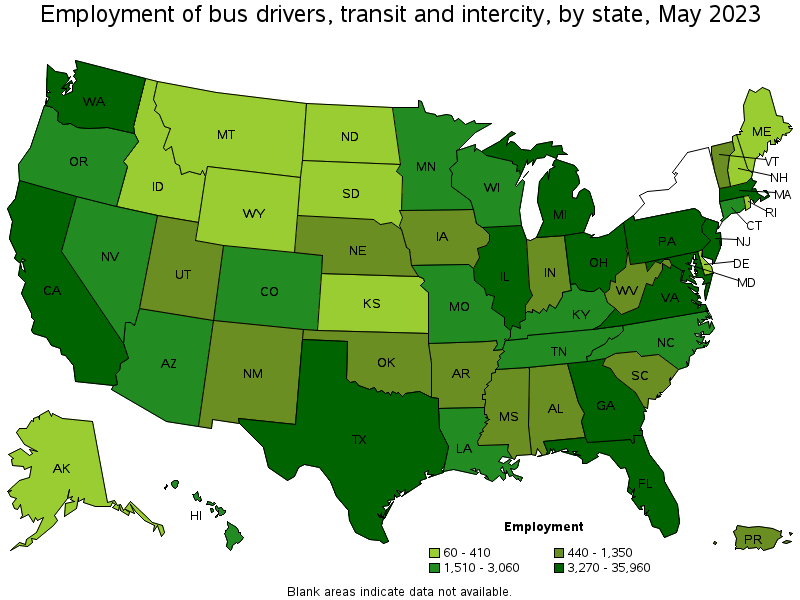 Map of employment of bus drivers, transit and intercity by state, May 2021