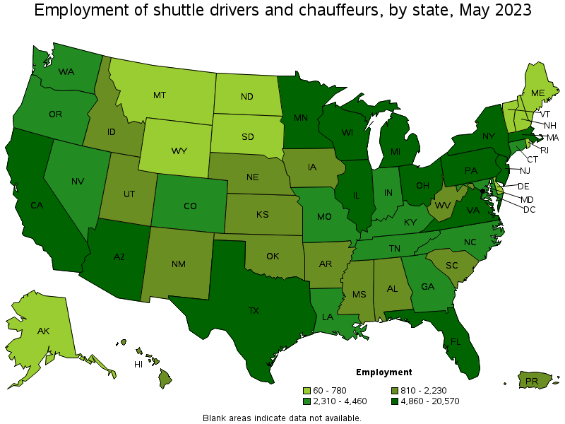 Map of employment of shuttle drivers and chauffeurs by state, May 2022