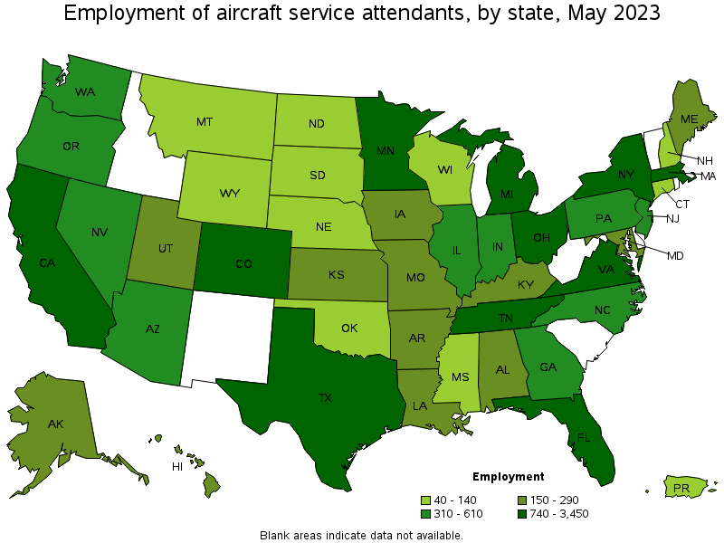 Map of employment of aircraft service attendants by state, May 2022