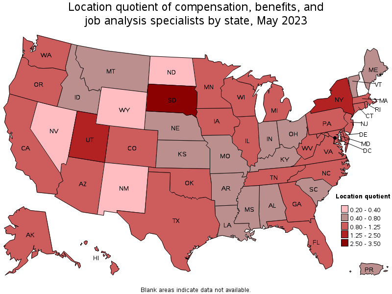 Map of location quotient of compensation, benefits, and job analysis specialists by state, May 2022