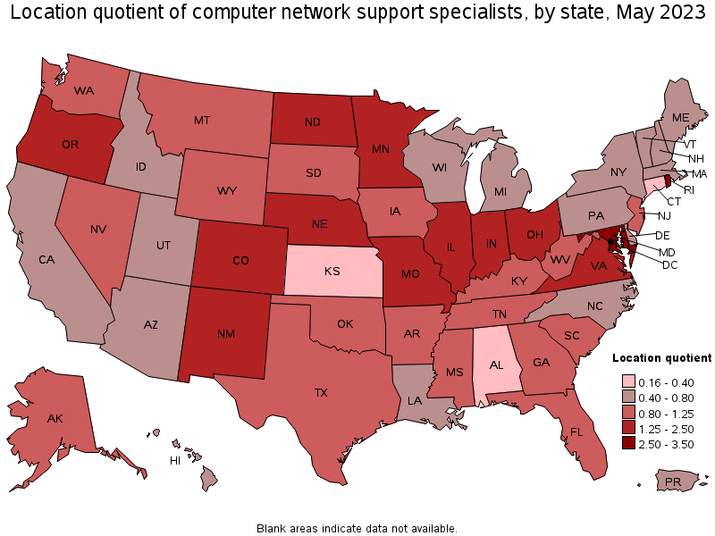 Map of location quotient of computer network support specialists by state, May 2022