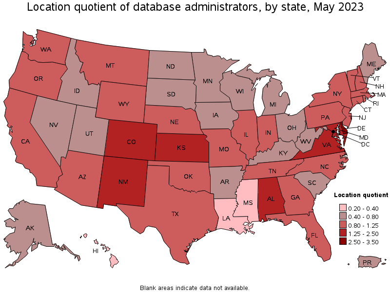 Map of location quotient of database administrators by state, May 2022