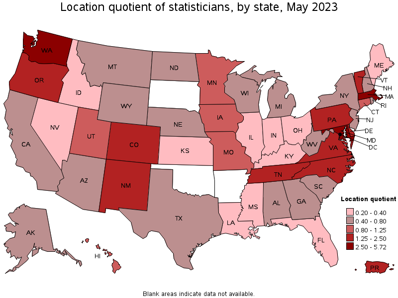 Map of location quotient of statisticians by state, May 2021