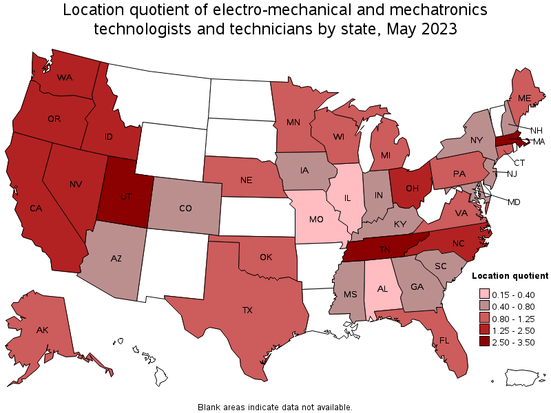 Map of location quotient of electro-mechanical and mechatronics technologists and technicians by state, May 2022