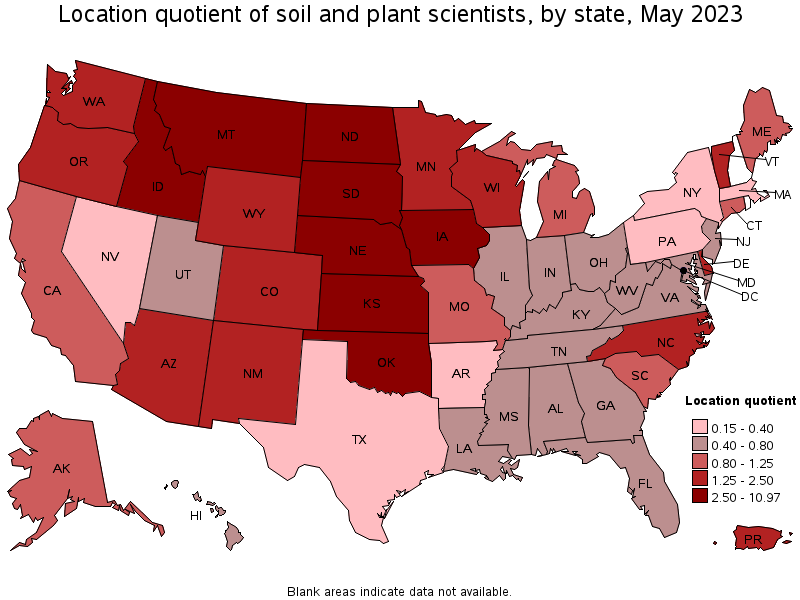 Map of location quotient of soil and plant scientists by state, May 2021
