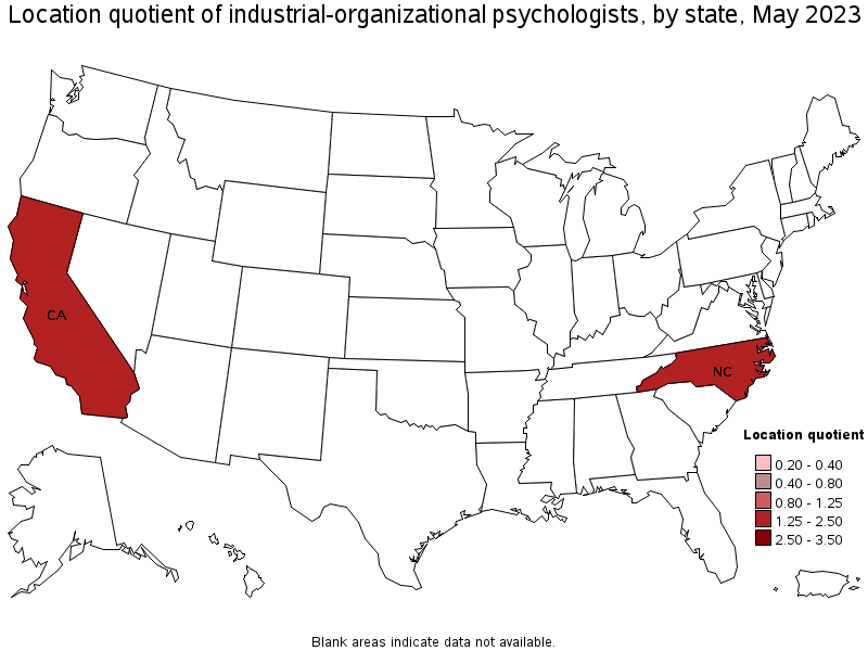 Map of location quotient of industrial-organizational psychologists by state, May 2021