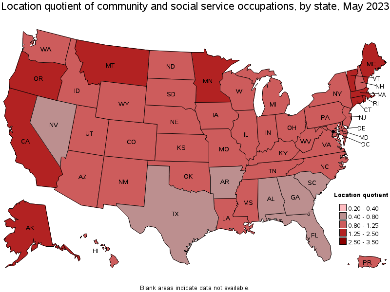 Map of location quotient of community and social service occupations by state, May 2022
