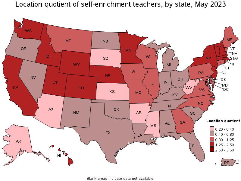 Map of location quotient of self-enrichment teachers by state, May 2022