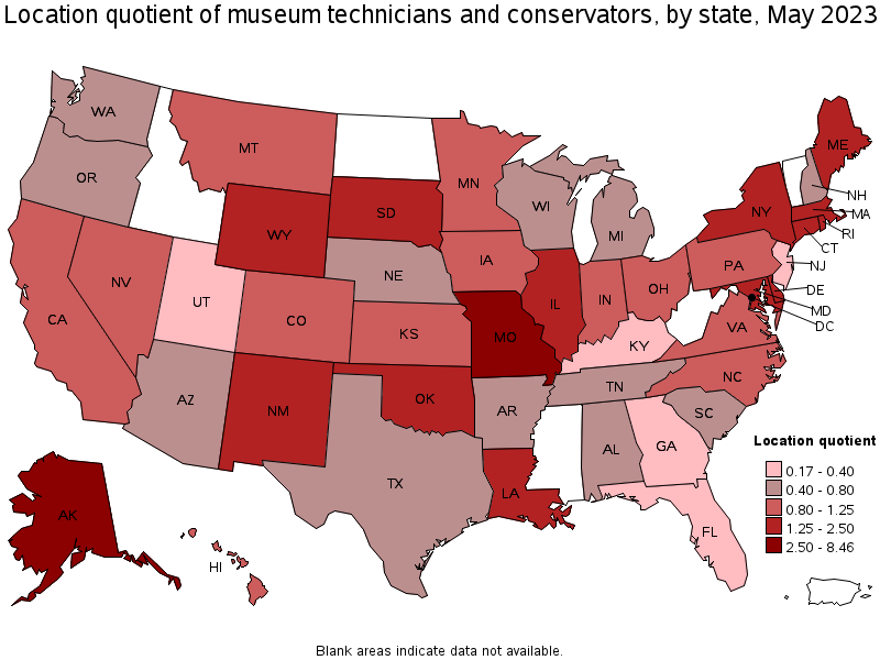 Map of location quotient of museum technicians and conservators by state, May 2021