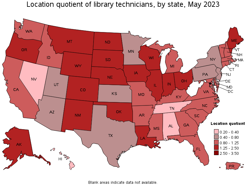 Map of location quotient of library technicians by state, May 2021