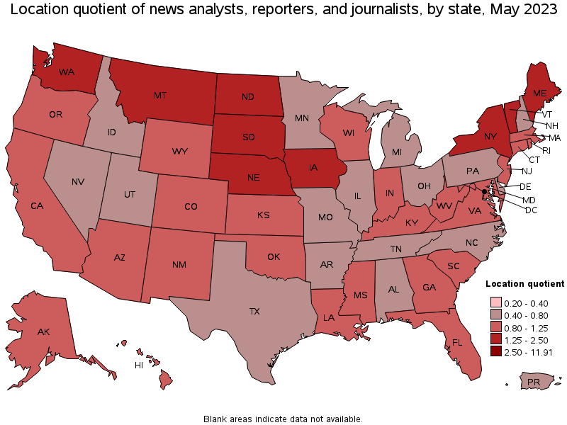 Map of location quotient of news analysts, reporters, and journalists by state, May 2021