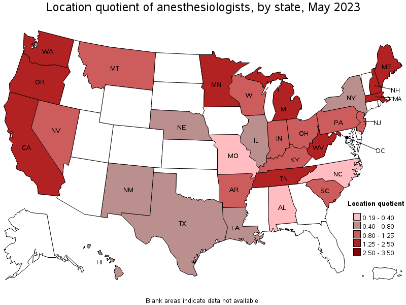 Map of location quotient of anesthesiologists by state, May 2021