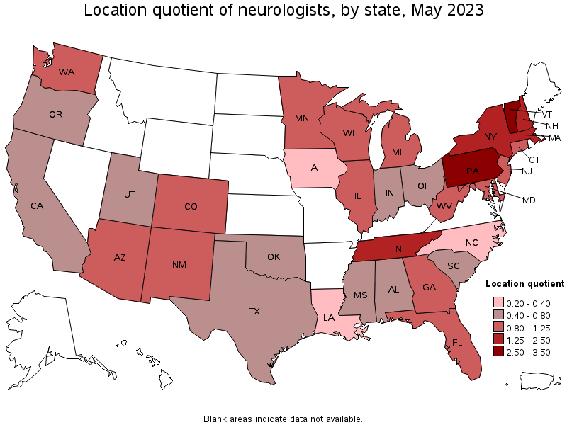 Map of location quotient of neurologists by state, May 2021