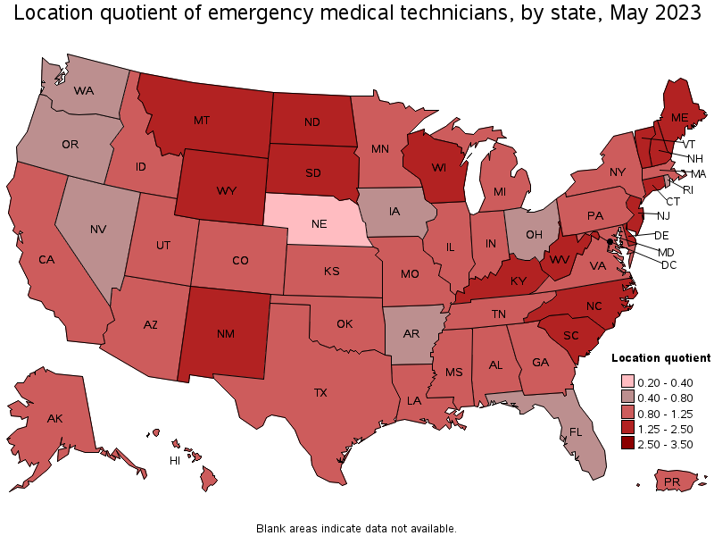 Map of location quotient of emergency medical technicians by state, May 2021