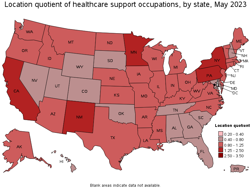 Map of location quotient of healthcare support occupations by state, May 2021