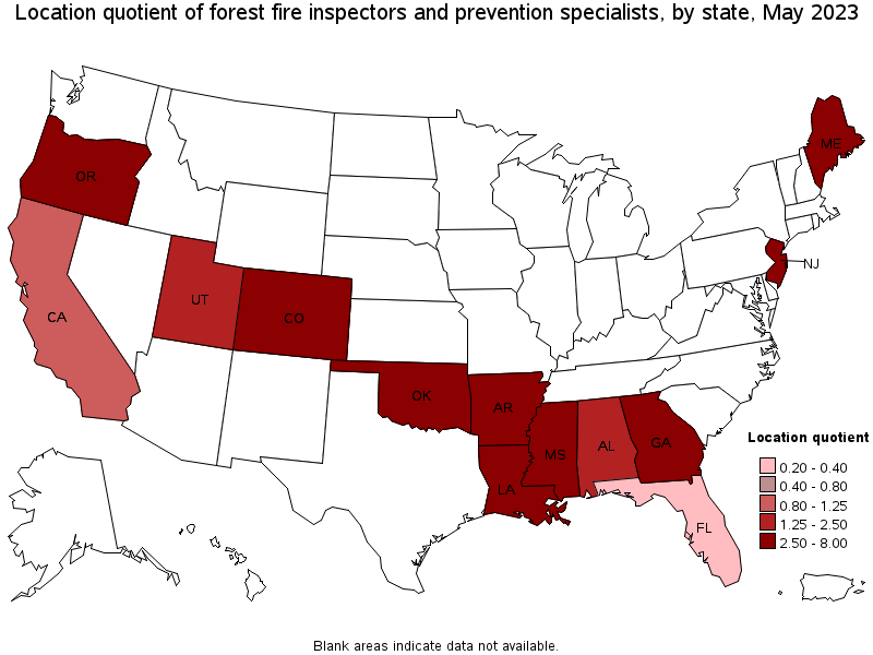 Map of location quotient of forest fire inspectors and prevention specialists by state, May 2021