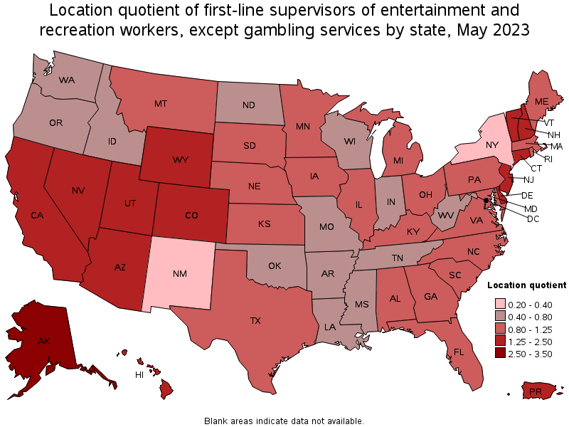 Map of location quotient of first-line supervisors of entertainment and recreation workers, except gambling services by state, May 2021