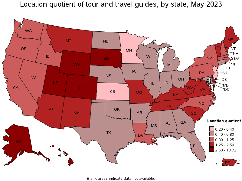 Map of location quotient of tour and travel guides by state, May 2022