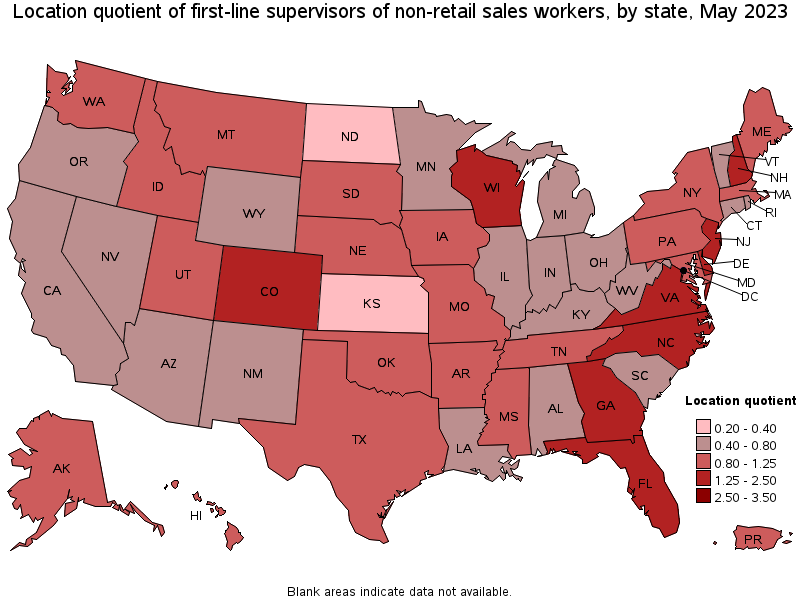 Map of location quotient of first-line supervisors of non-retail sales workers by state, May 2022