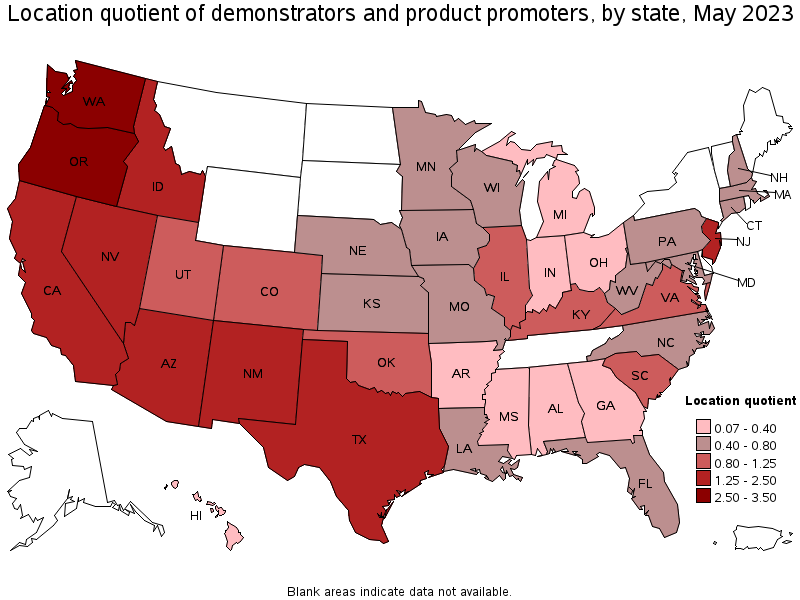 Map of location quotient of demonstrators and product promoters by state, May 2021