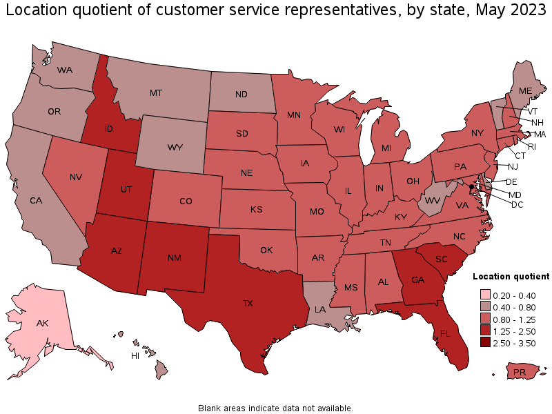 Map of location quotient of customer service representatives by state, May 2021