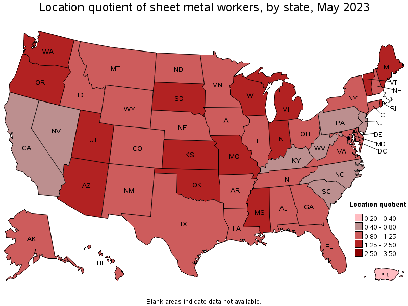Map of location quotient of sheet metal workers by state, May 2021