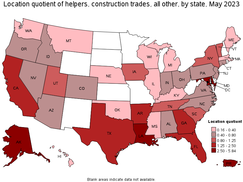 Map of location quotient of helpers, construction trades, all other by state, May 2021