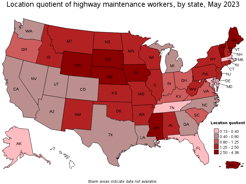Map of location quotient of highway maintenance workers by state, May 2021